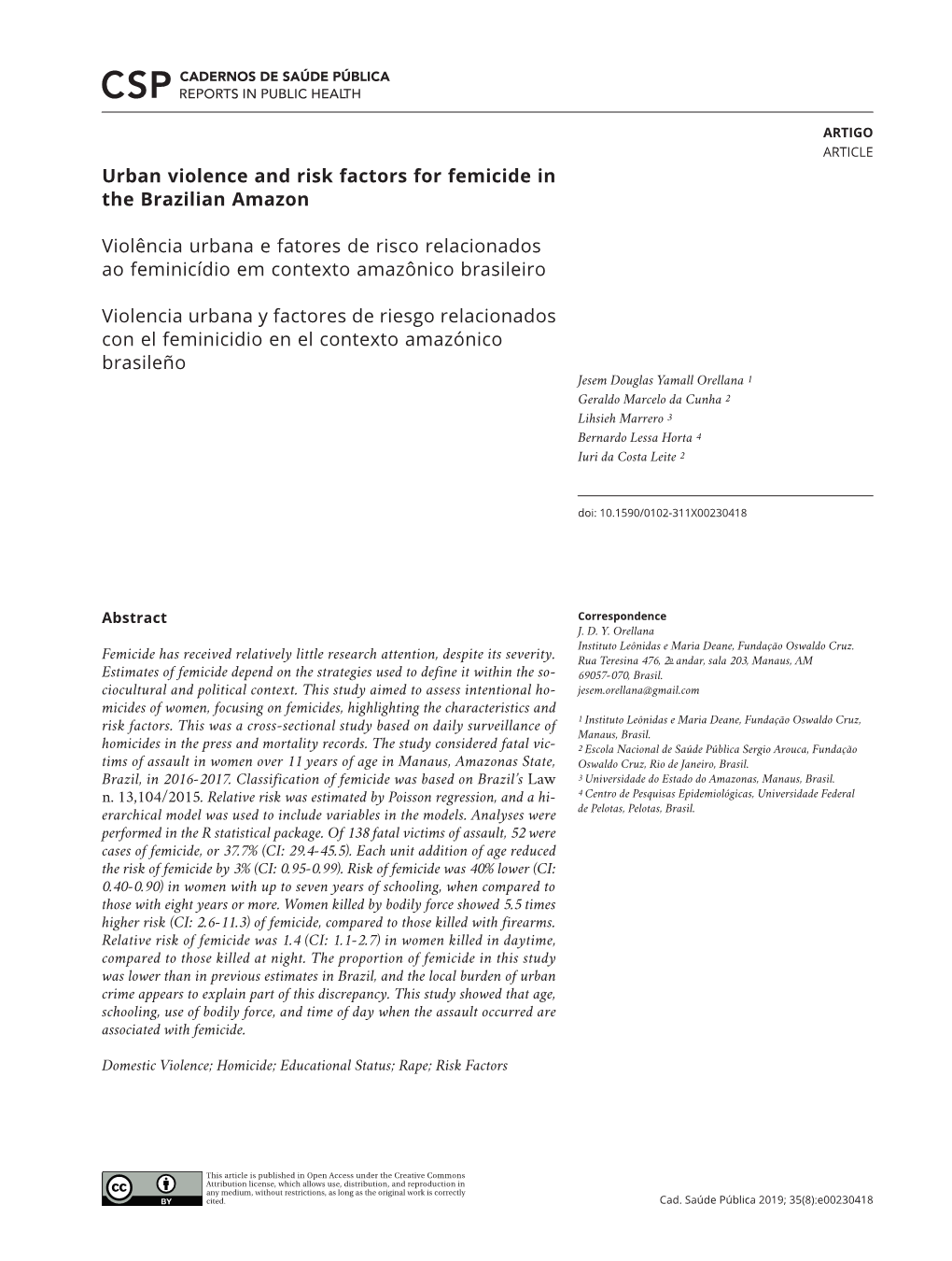 Urban Violence and Risk Factors for Femicide in the Brazilian Amazon