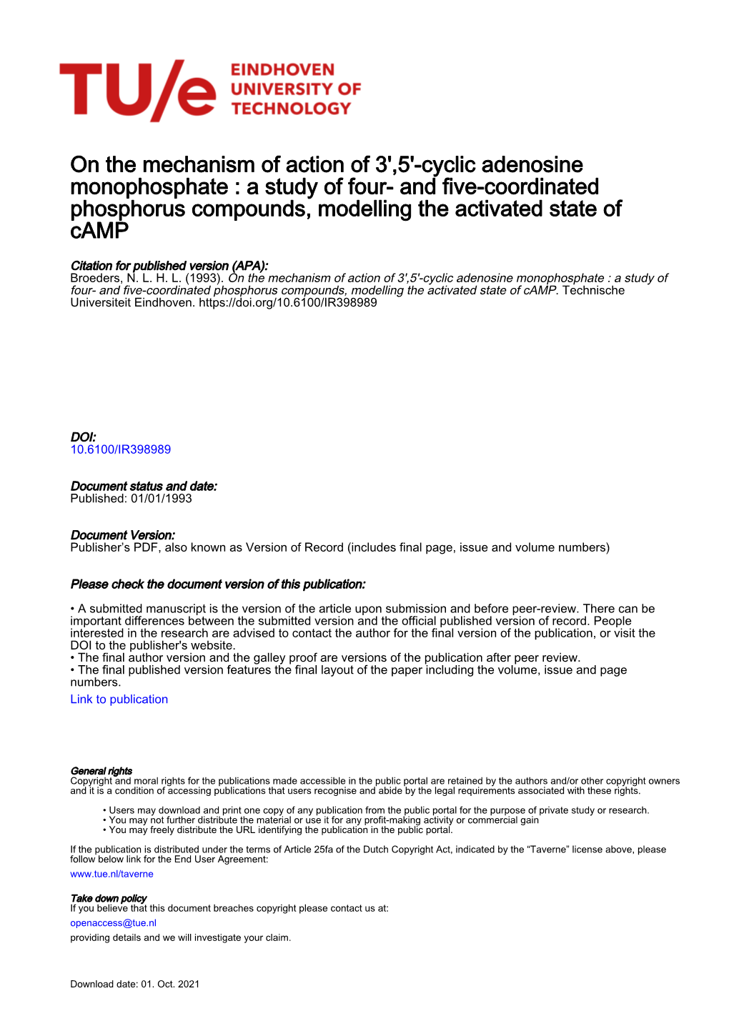 Cyclic Adenosine Monophosphate : a Study of Four- and Five-Coordinated Phosphorus Compounds, Modelling the Activated State of Camp