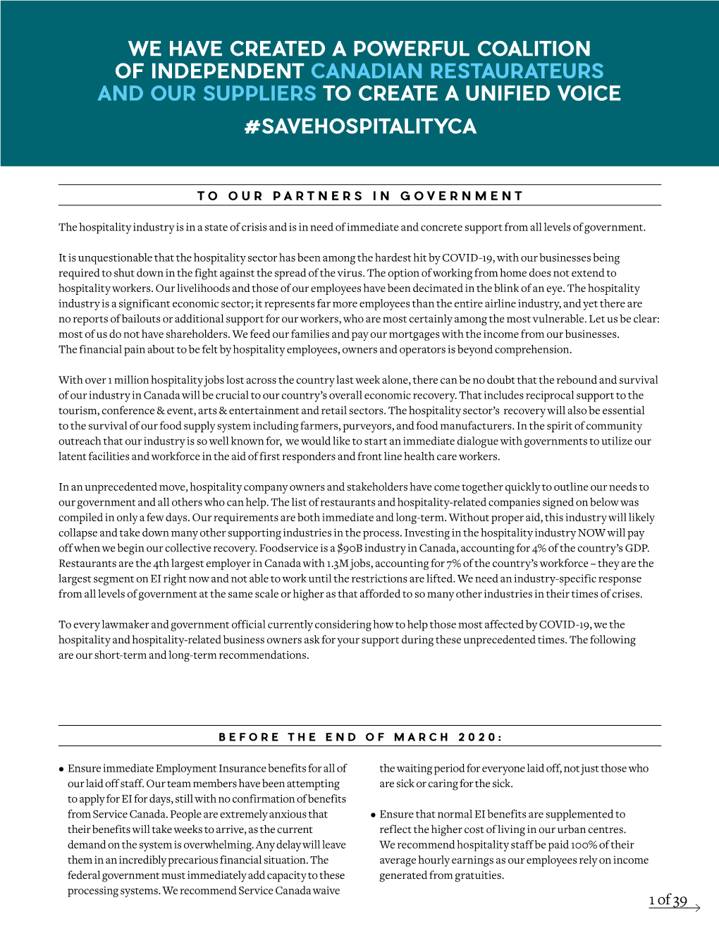 We Have Created a Powerful Coalition of Independent Canadian Restaurateurs and Our Suppliers to Create a Unified Voice #Savehospitalityca