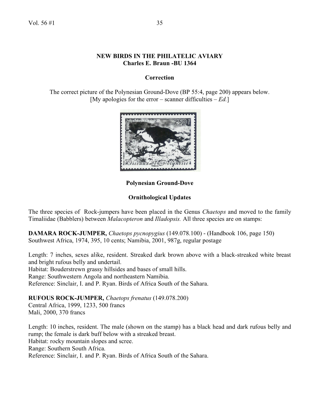 Vol. 56 #1 35 NEW BIRDS in the PHILATELIC AVIARY Charles E