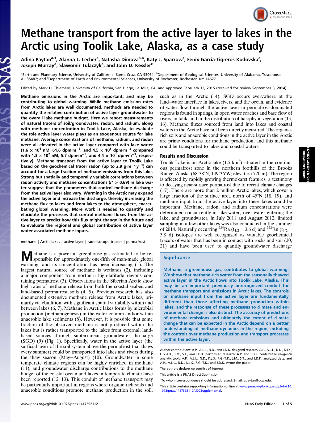 Methane Transport from the Active Layer to Lakes in the Arctic Using Toolik Lake, Alaska, As a Case Study