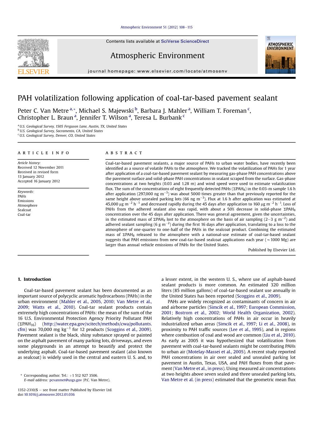 PAH Volatilization Following Application of Coal-Tar-Based Pavement Sealant