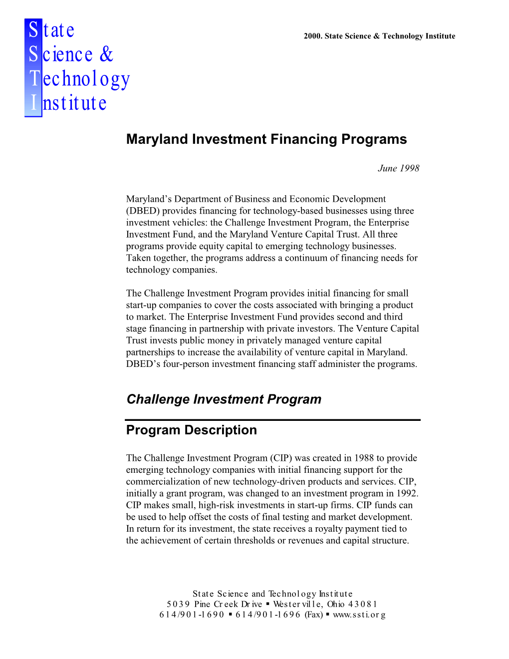 Maryland's Investment Financing Programs Program Brief