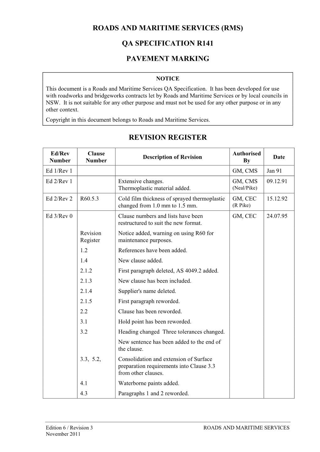 (Rms) Qa Specification R141 Pavement Marking