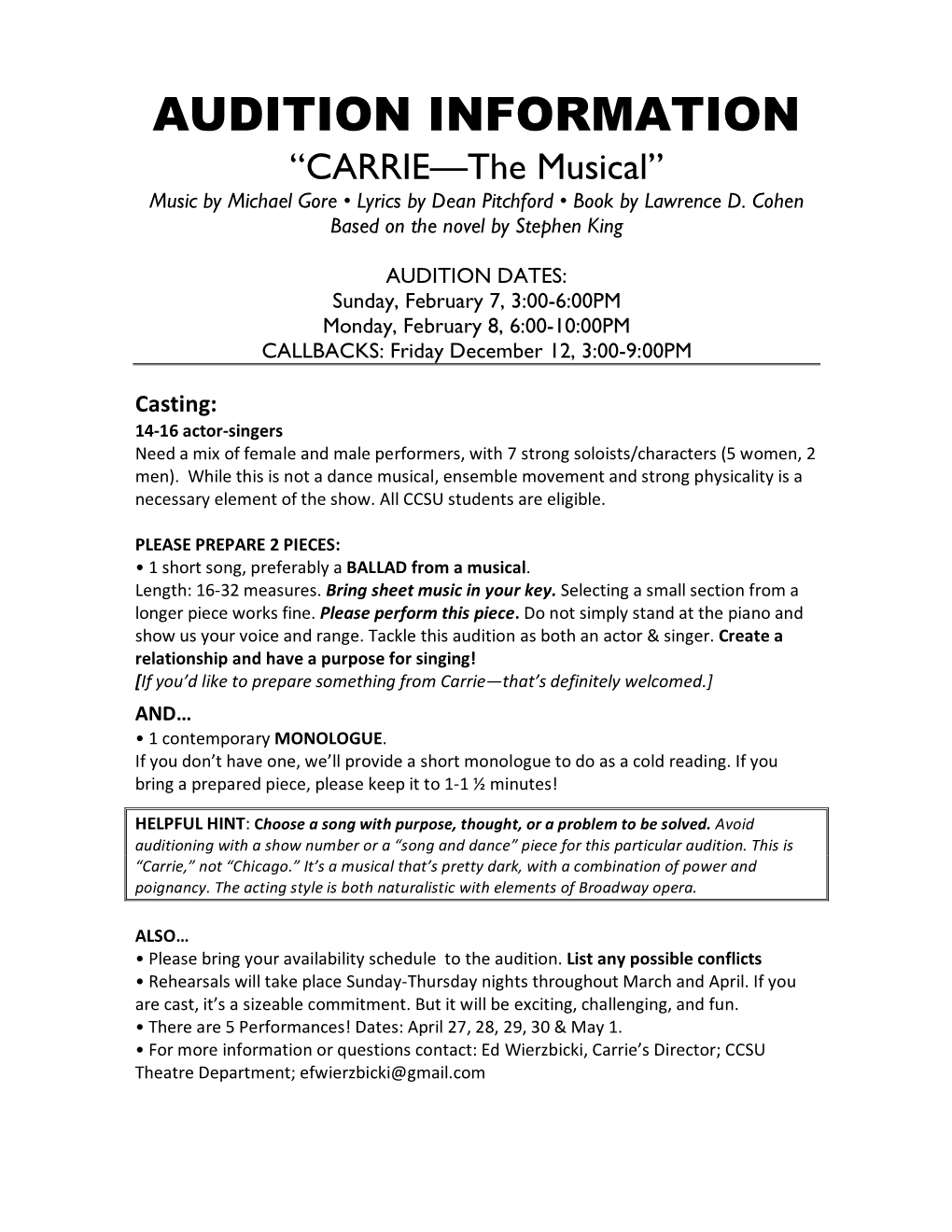 Audition Info/Carrie