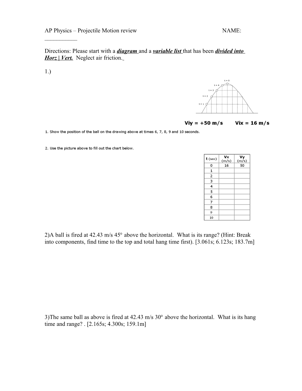 Projectile Motion Worksheet