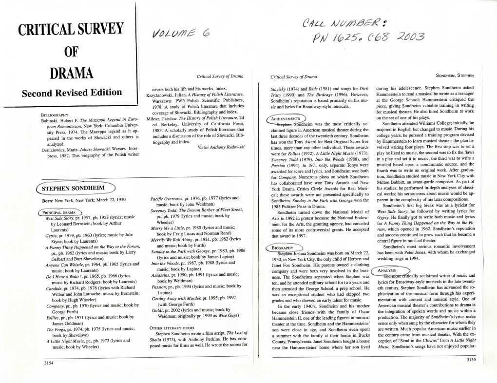 Critical Survey of Drama Critical Survey of Drama SONDHEIM, STEPHEN