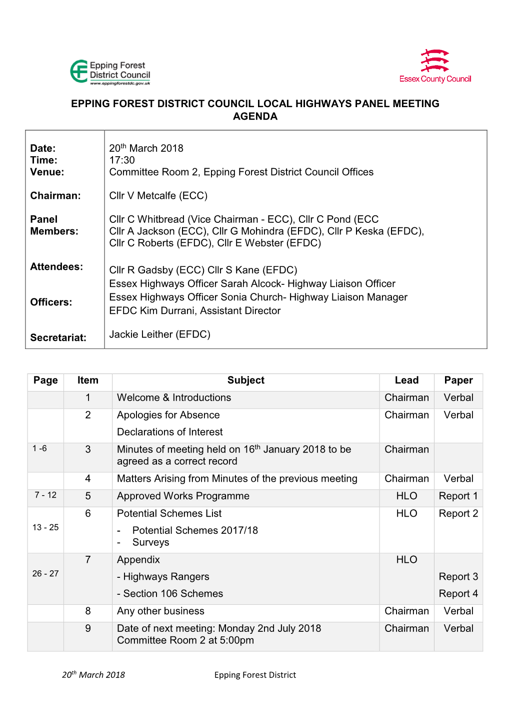 Epping Forest District Council Local Highways Panel Meeting Agenda