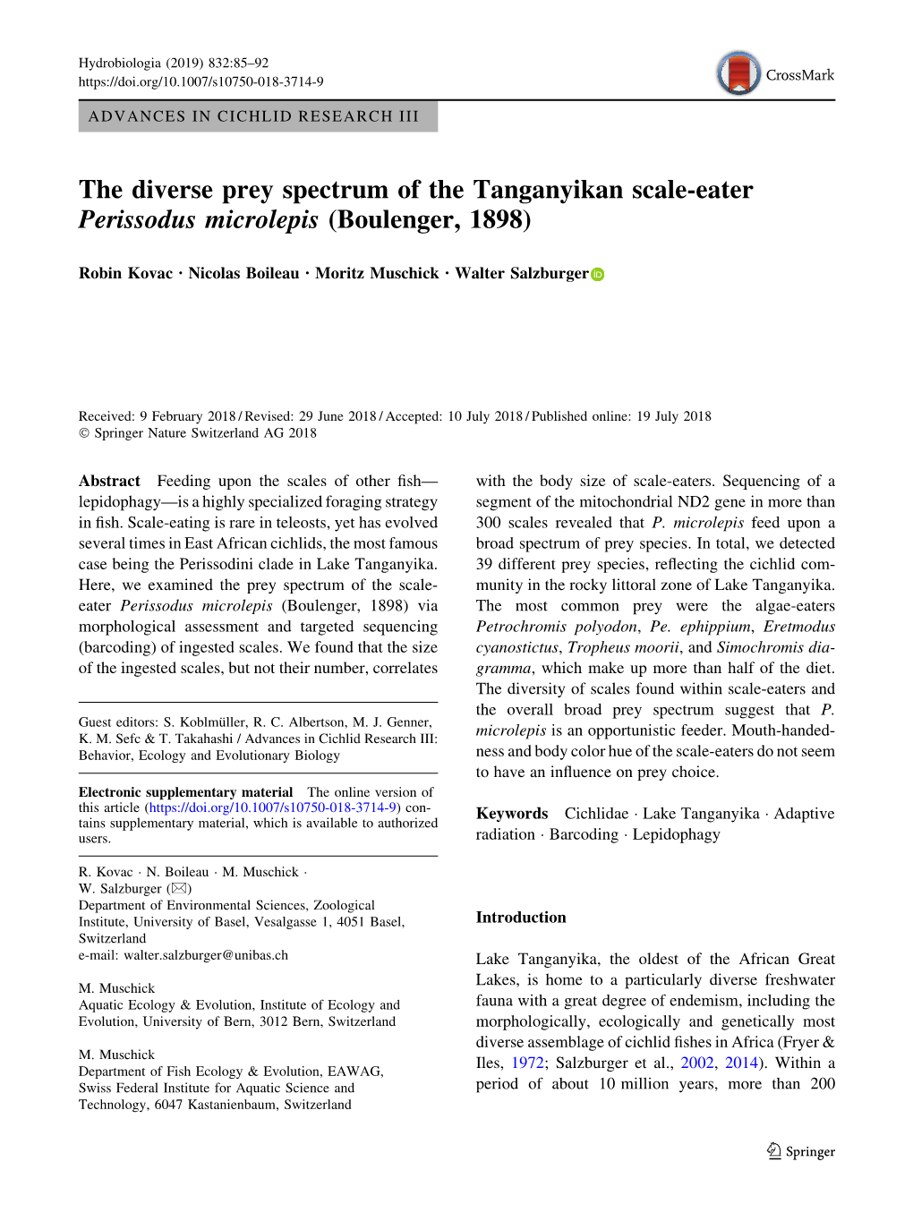 The Diverse Prey Spectrum of the Tanganyikan Scale-Eater Perissodus Microlepis (Boulenger, 1898)