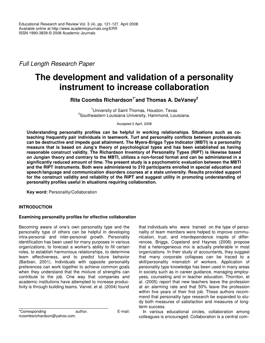 The Development and Validation of a Personality Instrument to Increase Collaboration