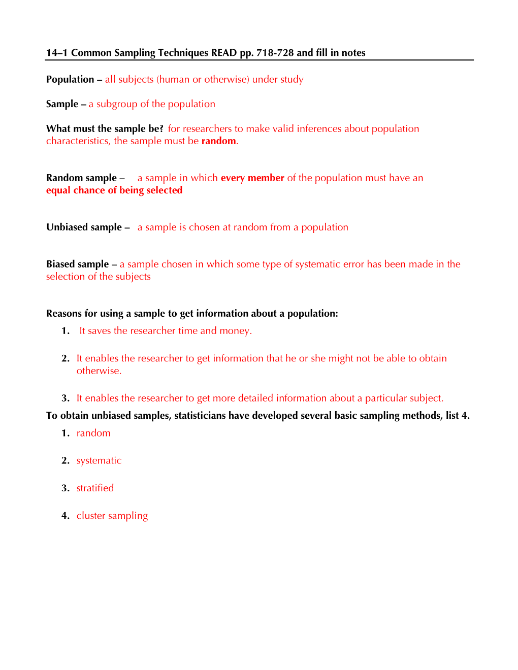 14–1 Common Sampling Techniques READ Pp. 718-728 and Fill in Notes