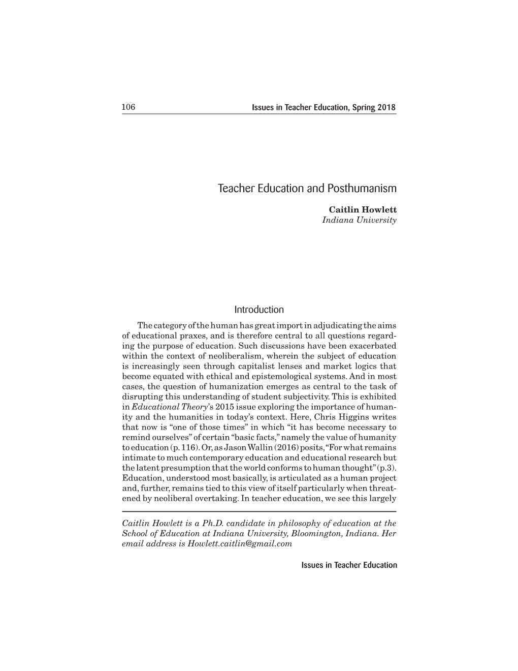 Teacher Education and Posthumanism