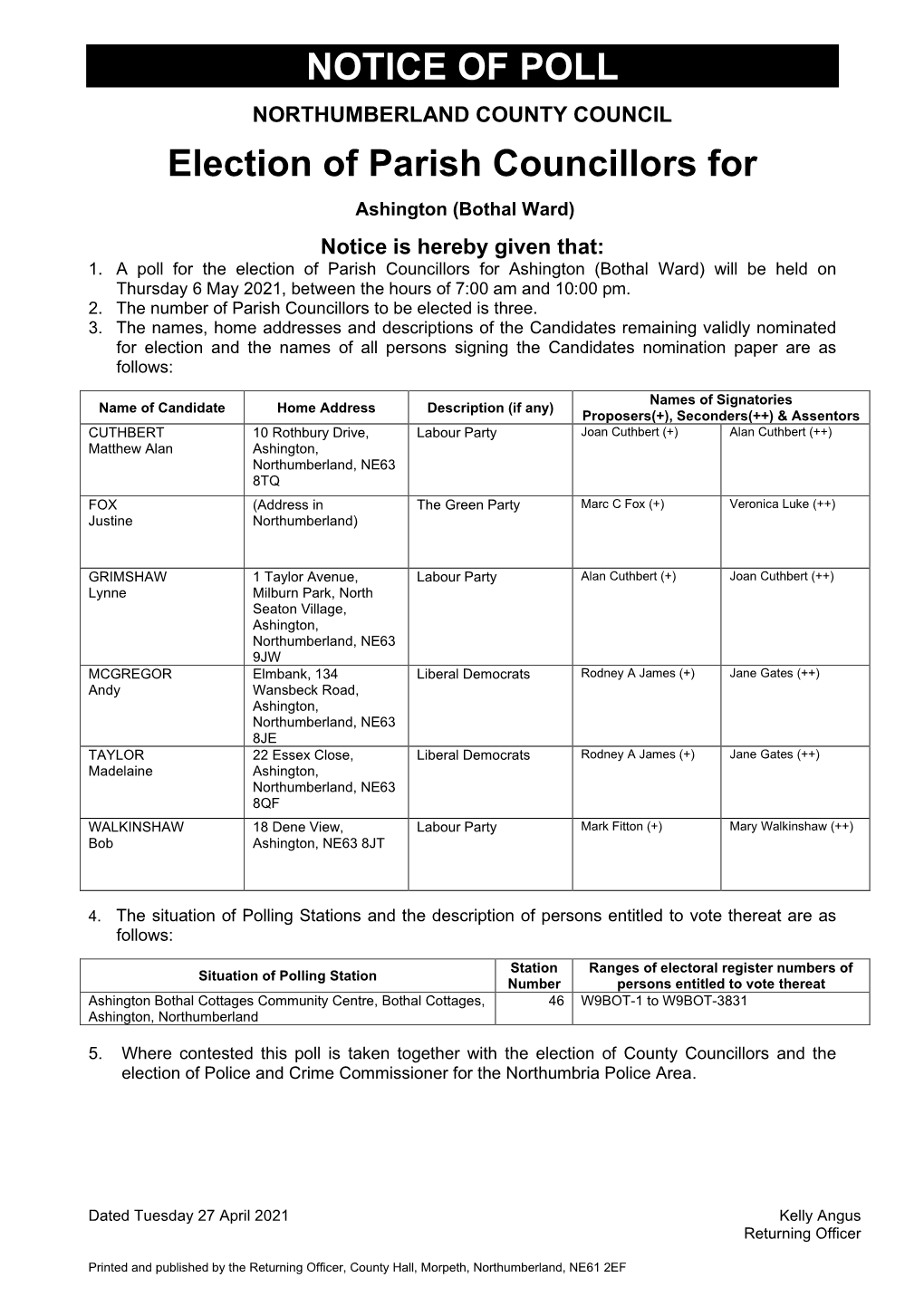 NOTICE of POLL Election of Parish Councillors