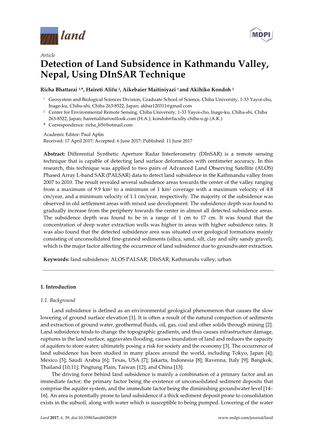 Detection of Land Subsidence in Kathmandu Valley, Nepal, Using Dinsar Technique