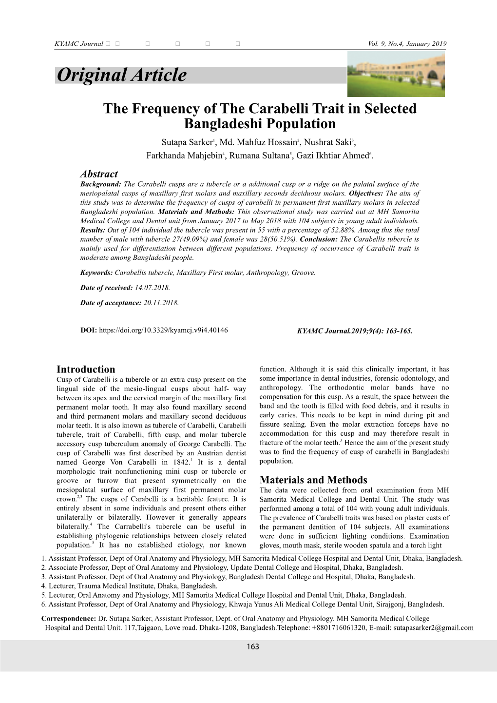 Original Article the Frequency of the Carabelli Trait in Selected