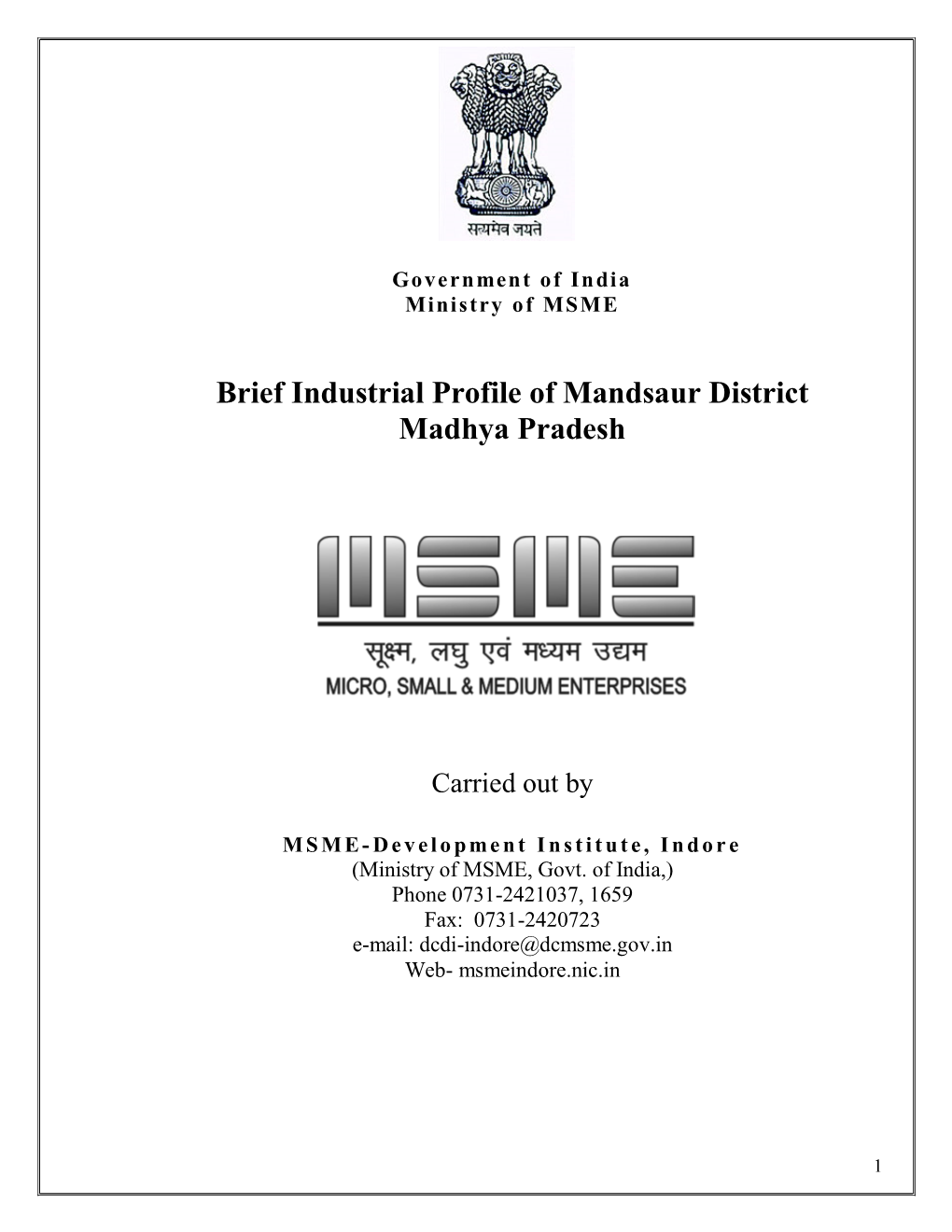 Brief Industrial Profile of Mandsaur District Madhya Pradesh