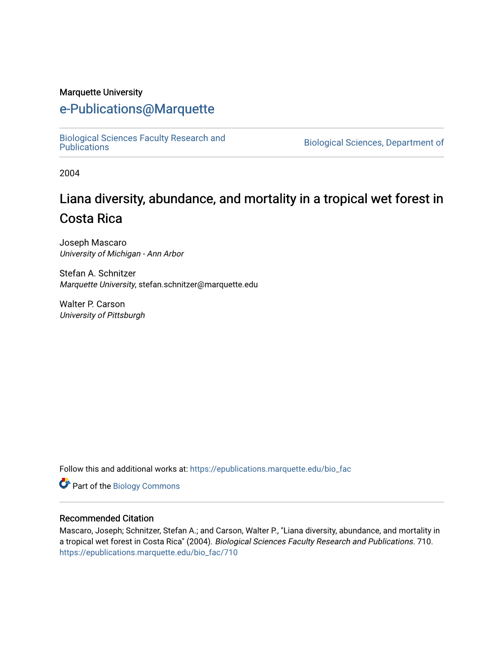 Liana Diversity, Abundance, and Mortality in a Tropical Wet Forest in Costa Rica