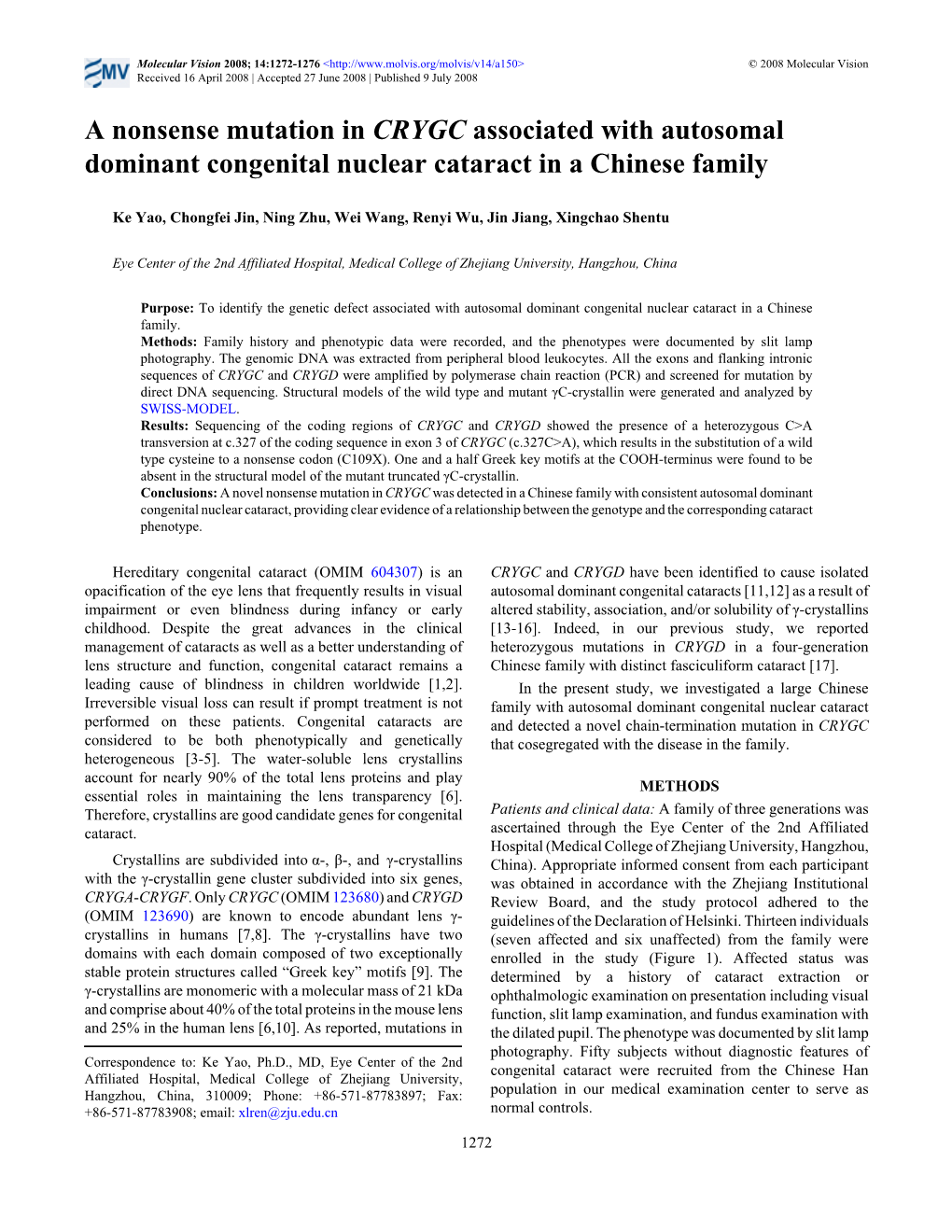 A Nonsense Mutation in CRYGC Associated with Autosomal Dominant Congenital Nuclear Cataract in a Chinese Family