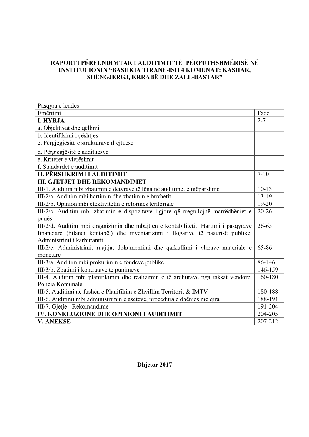 Raporti Përfundimtar I Auditimit Të Përputhshmërisë Në Institucionin “Bashkia Tiranë-Ish 4 Komunat: Kashar, Shëngjergj, Krrabë Dhe Zall-Bastar”