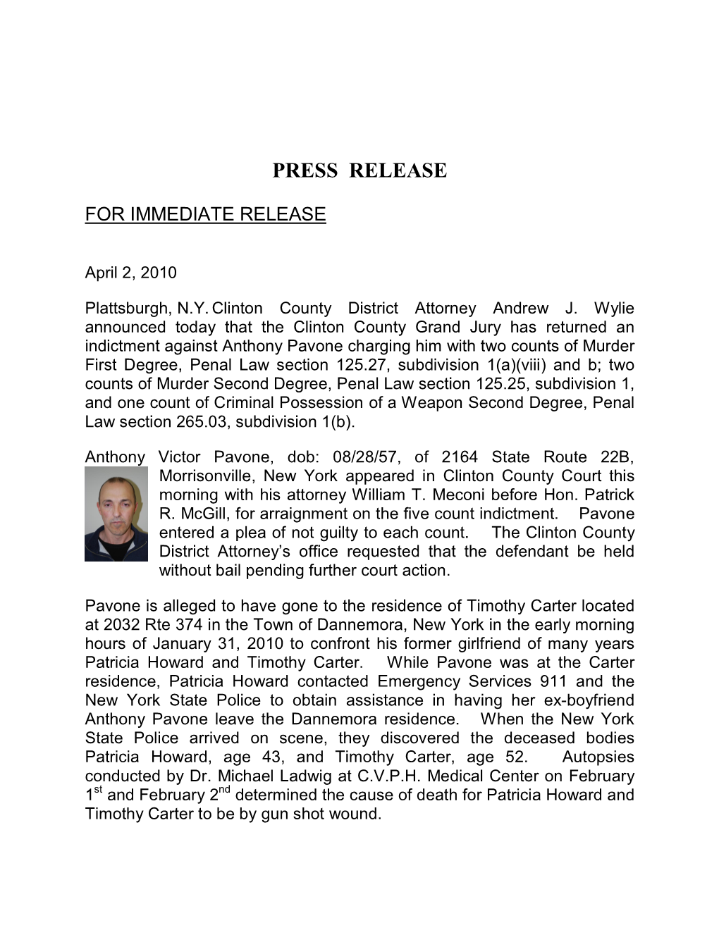 Anthony Pavone Press Release