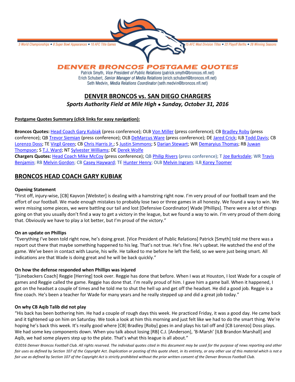 DENVER BRONCOS Vs. SAN DIEGO CHARGERS BRONCOS