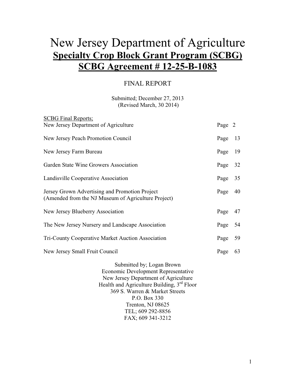 New Jersey Department of Agriculture Specialty Crop Block Grant Program (SCBG) SCBG Agreement # 12-25-B-1083