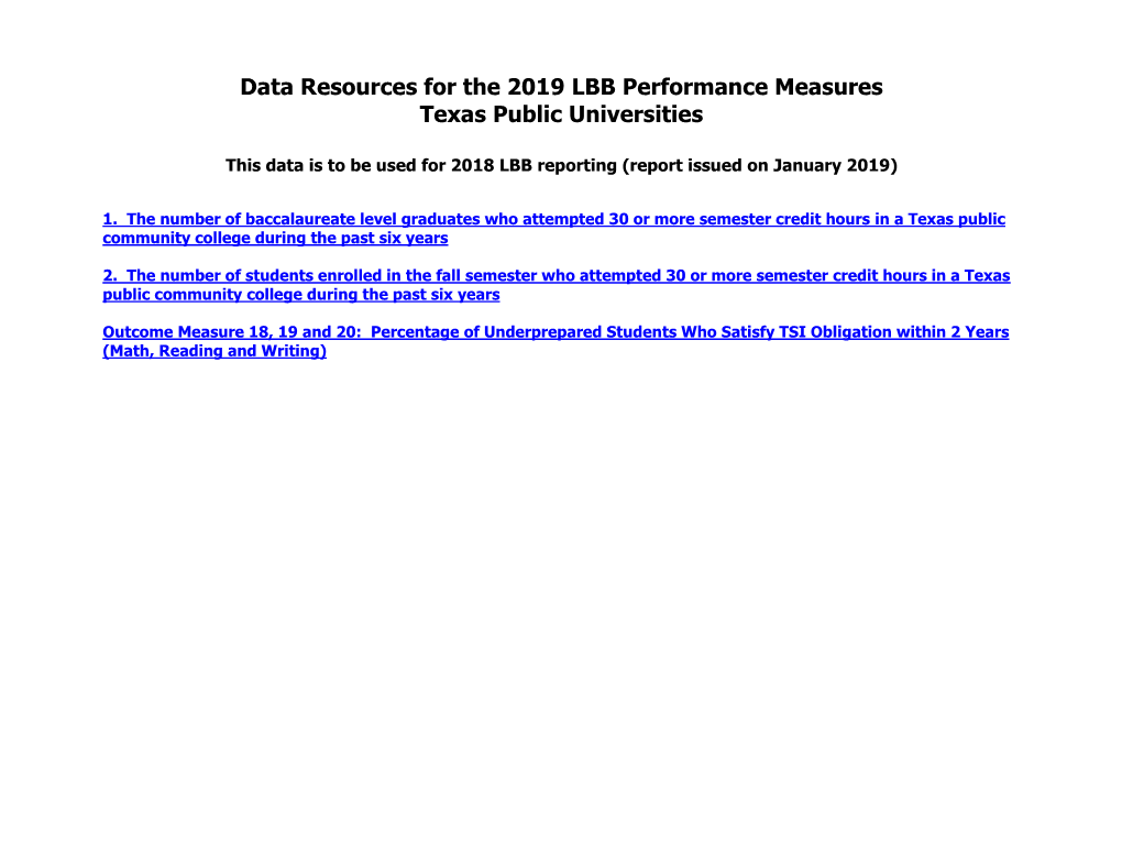 Data Resources for LBB Measures Texas Public Universities