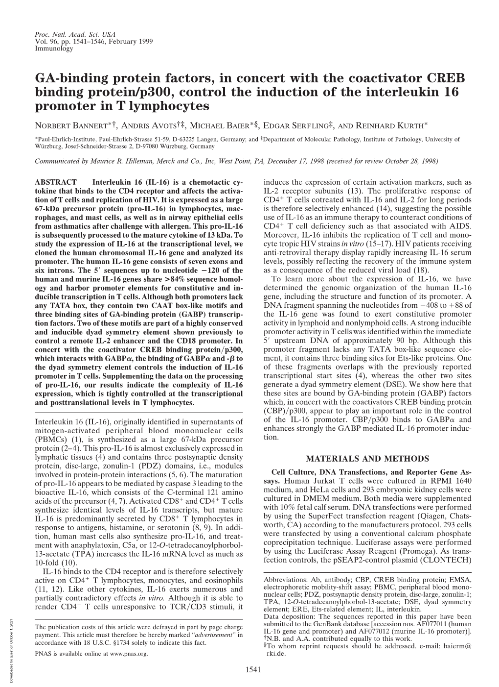 GA-Binding Protein Factors, in Concert with the Coactivator CREB Binding Protein/P300, Control the Induction of the Interleukin 16 Promoter in T Lymphocytes