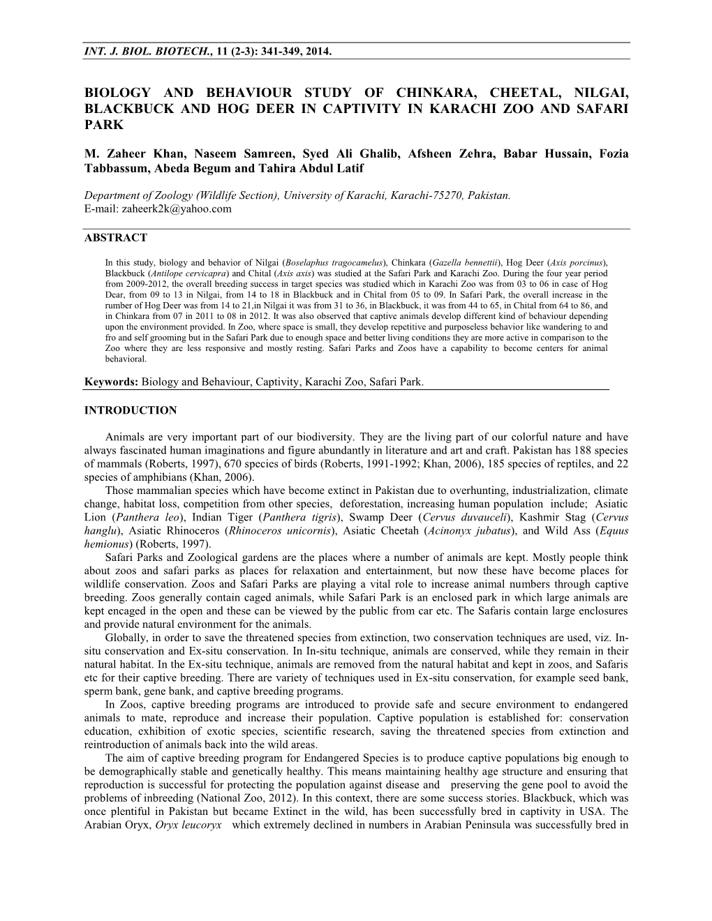 Biology and Behaviour Study of Chinkara, Cheetal, Nilgai, Blackbuck and Hog Deer in Captivity in Karachi Zoo and Safari Park