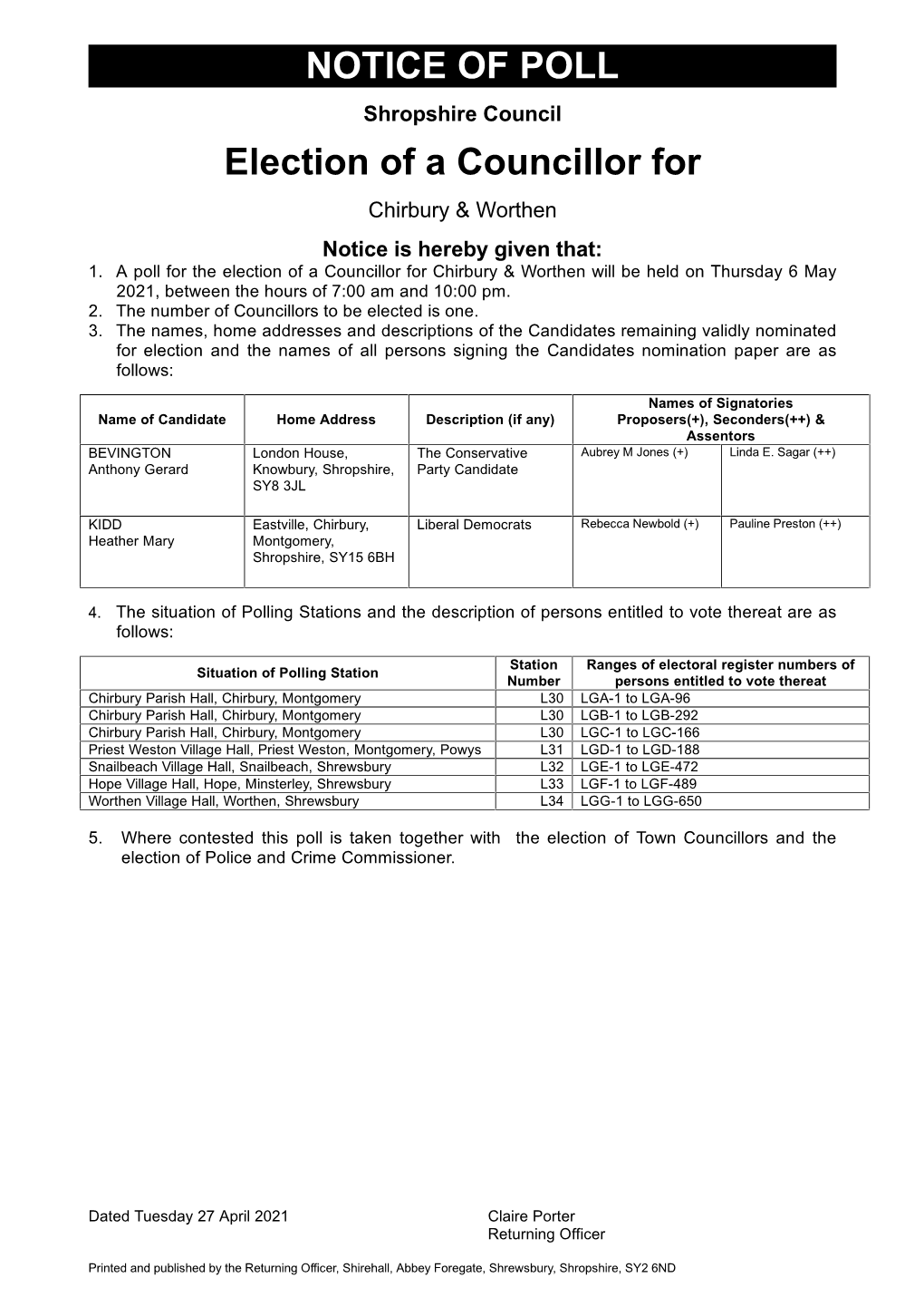 NOTICE of POLL Election of a Councillor