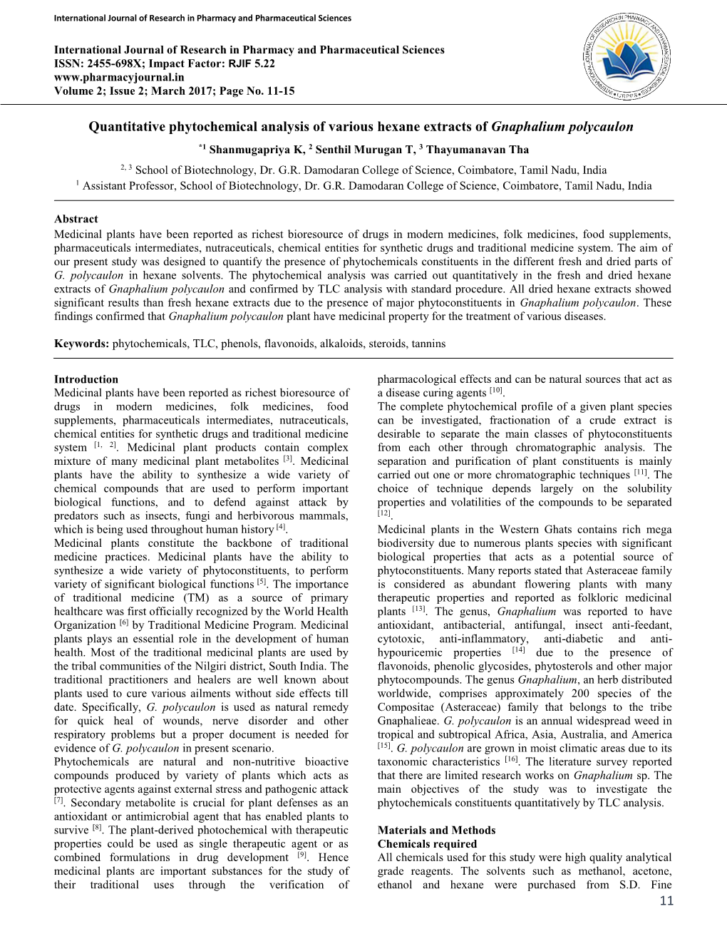 11 Quantitative Phytochemical Analysis of Various Hexane Extracts