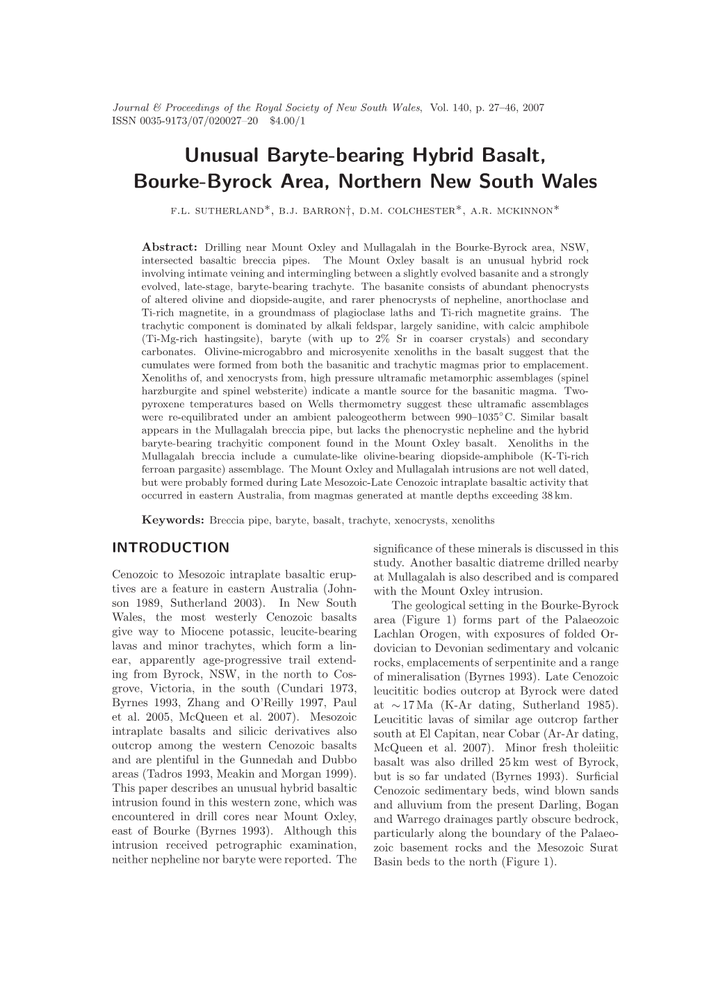 Unusual Baryte-Bearing Hybrid Basalt, Bourke-Byrock Area, Northern New South Wales F.L