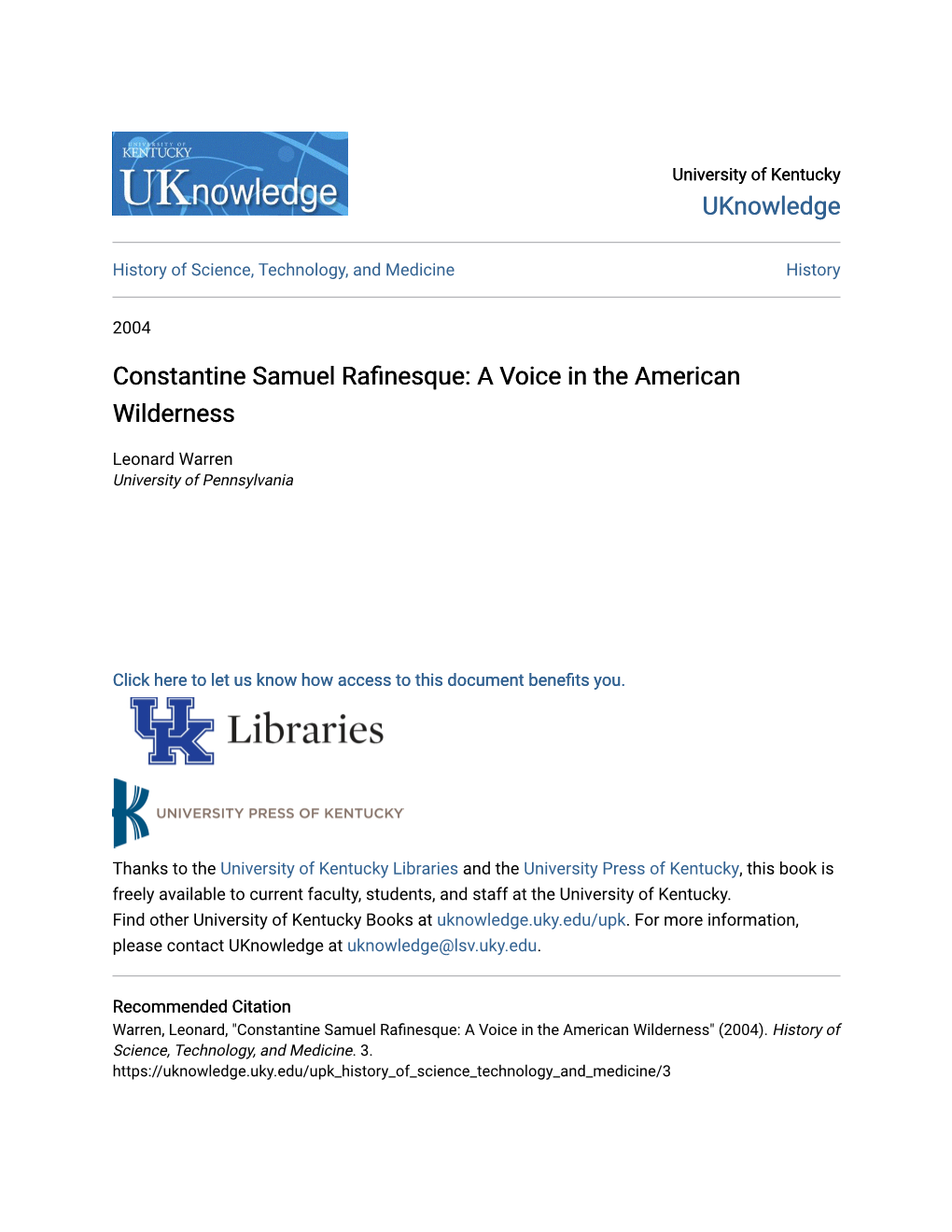 Constantine Samuel Rafinesque: a Oicev in the American Wilderness