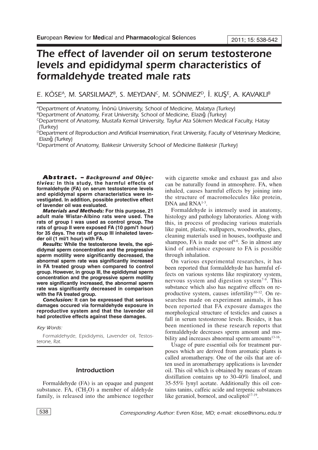 The Effect of Lavender Oil on Serum Testosterone Levels and Epididymal Sperm Characteristics of Formaldehyde Treated Male Rats