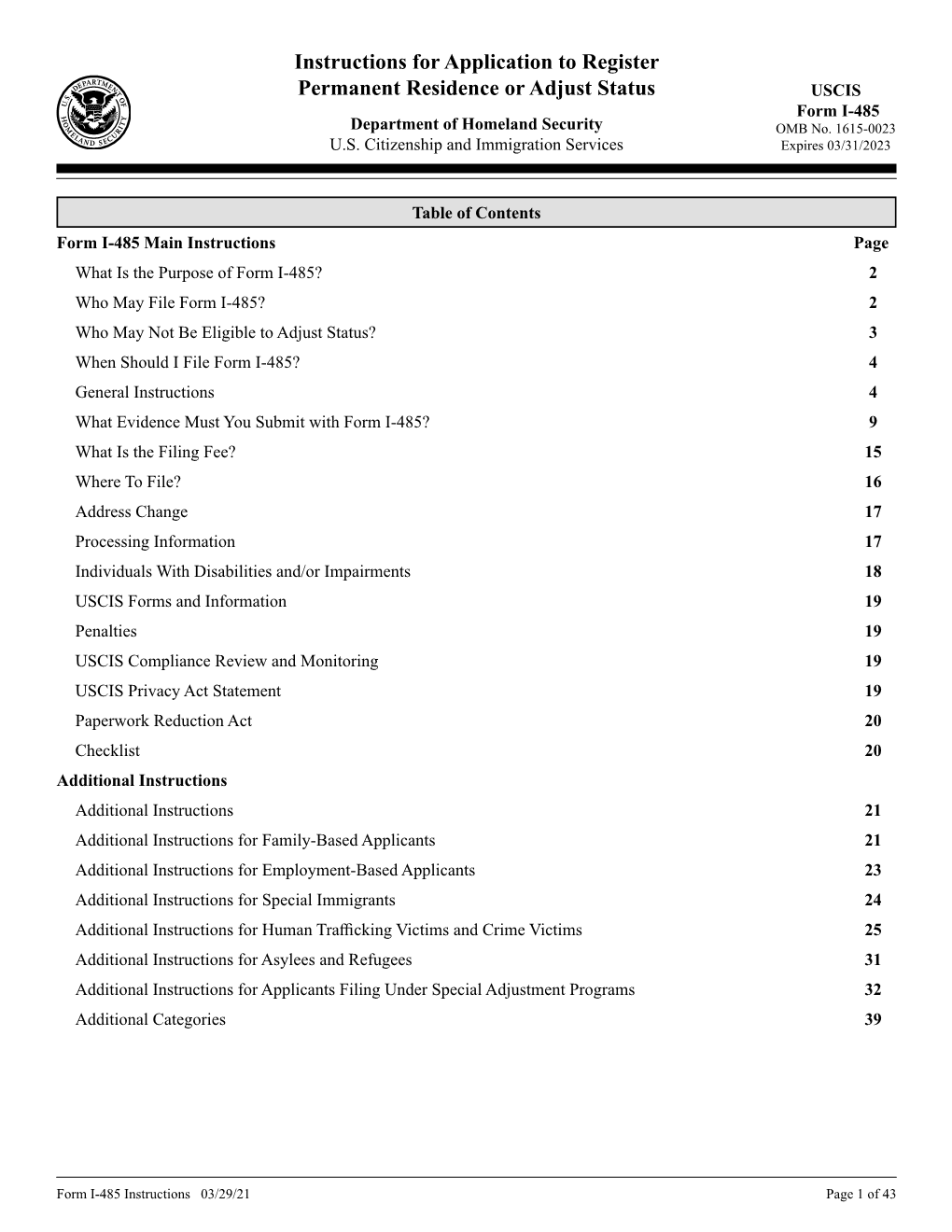 Instructions for Form I-485, Application to Register Permanent Residence Or Adjust Status