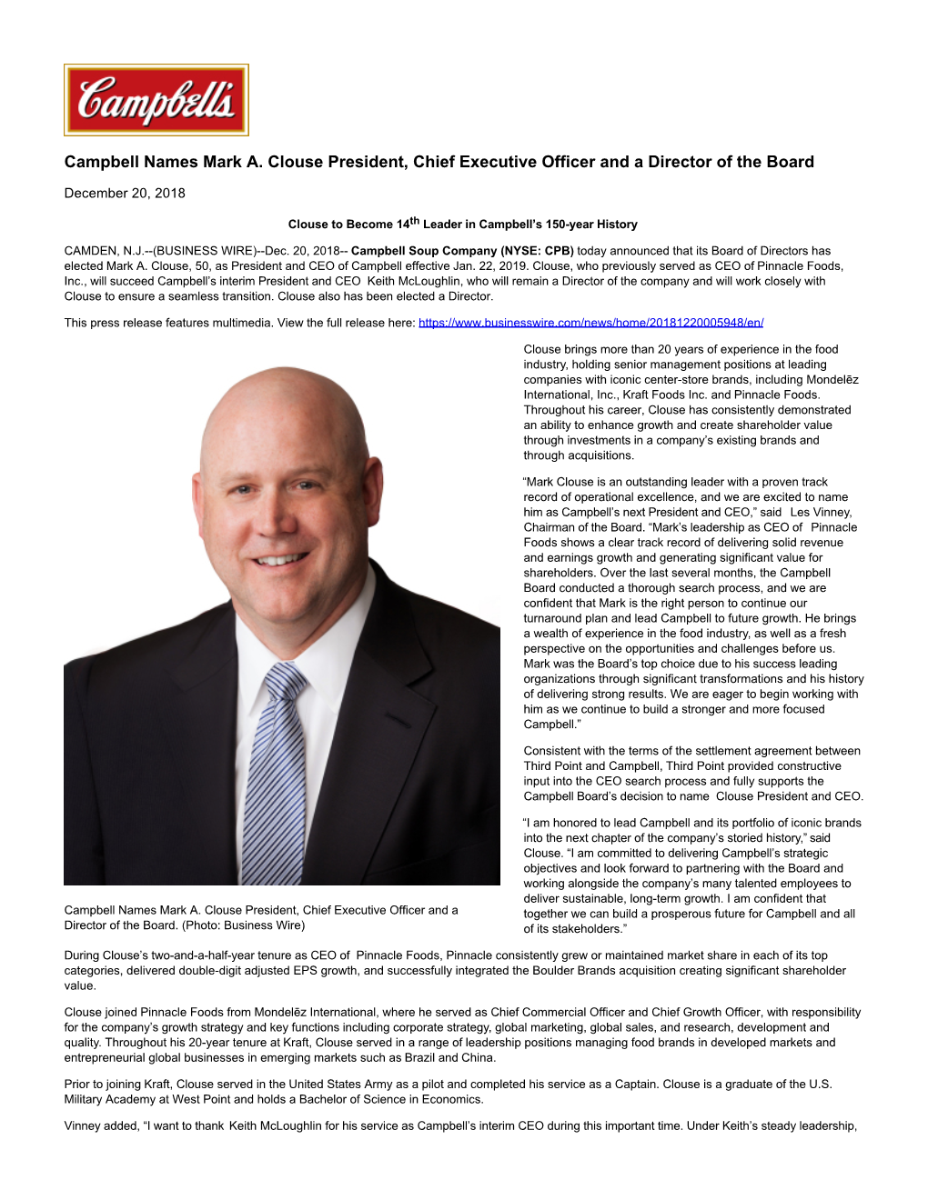 Campbell Names Mark A. Clouse President, Chief Executive Officer and a Director of the Board