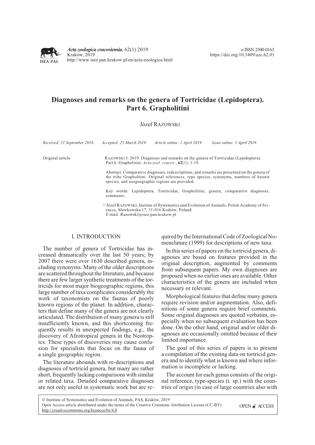 Diagnoses and Remarks on the Genera of Tortricidae (Lepidoptera). Part 6