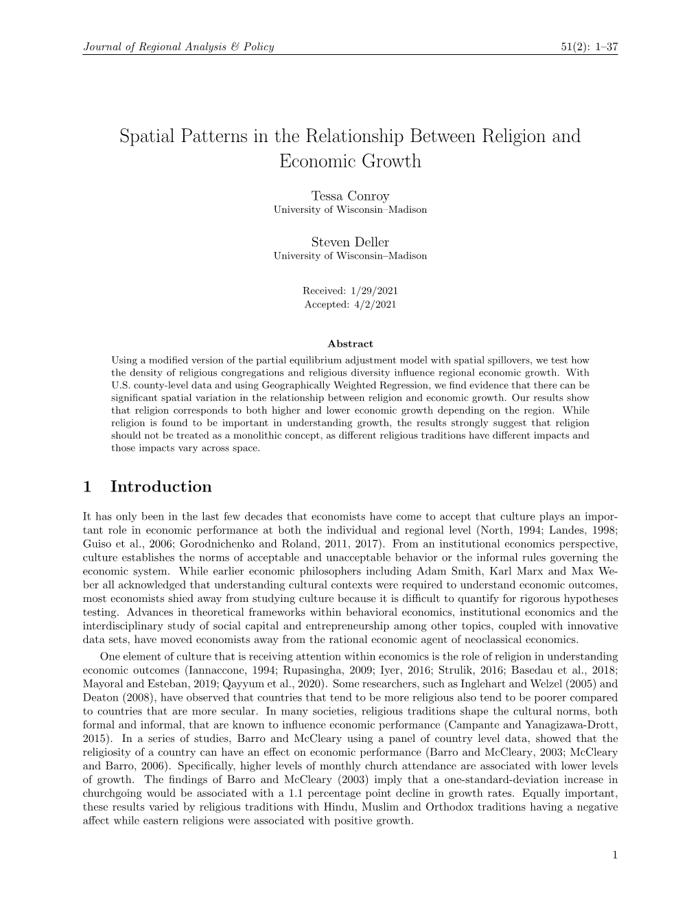 Spatial Patterns in the Relationship Between Religion and Economic Growth