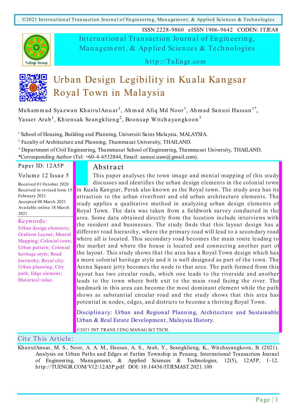 Urban Design Legibility in Kuala Kangsar Royal Town in Malaysia