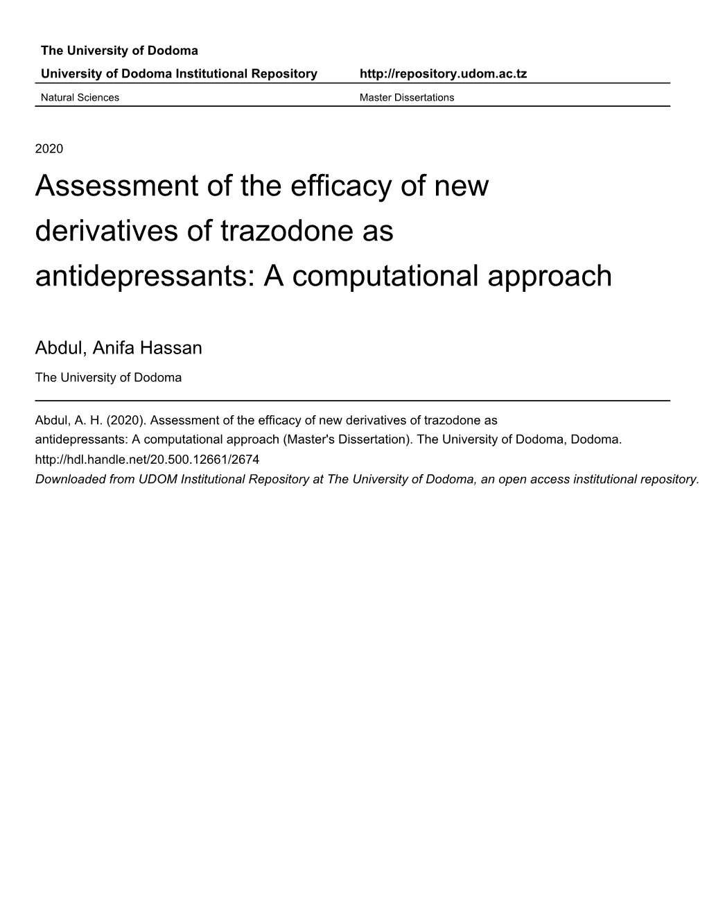 Assessment of the Efficacy of New Derivatives of Trazodone As Antidepressants: a Computational Approach