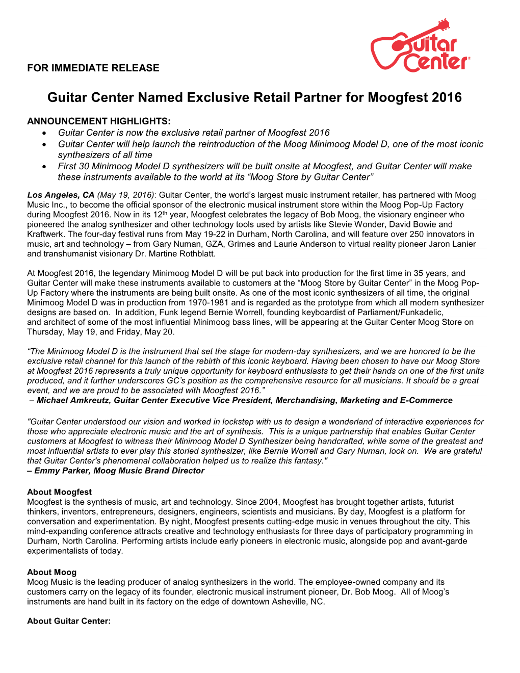 Guitar Center Named Exclusive Retail Partner for Moogfest 2016