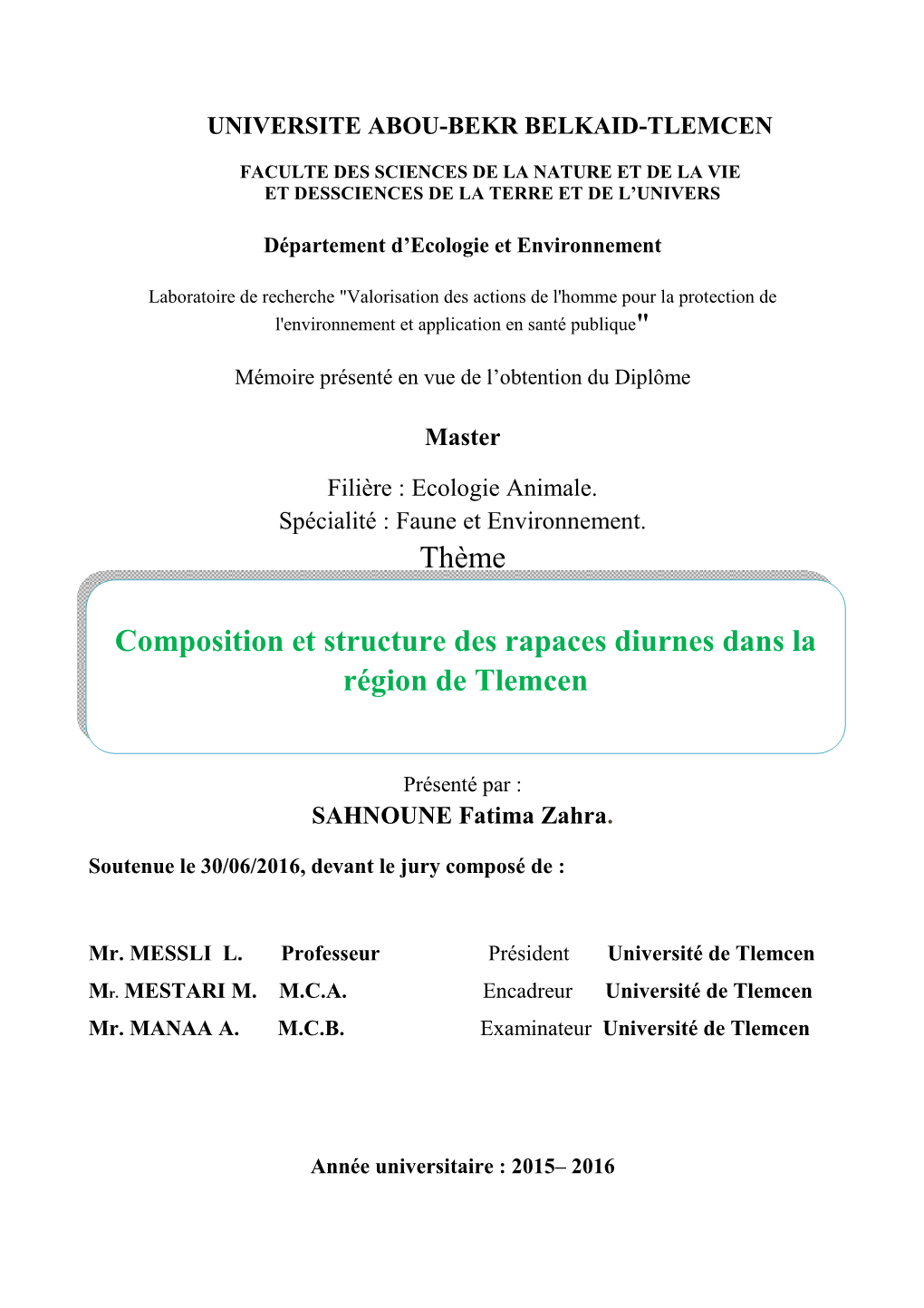 Thème Composition Et Structure Des Rapaces Diurnes Dans La Région De