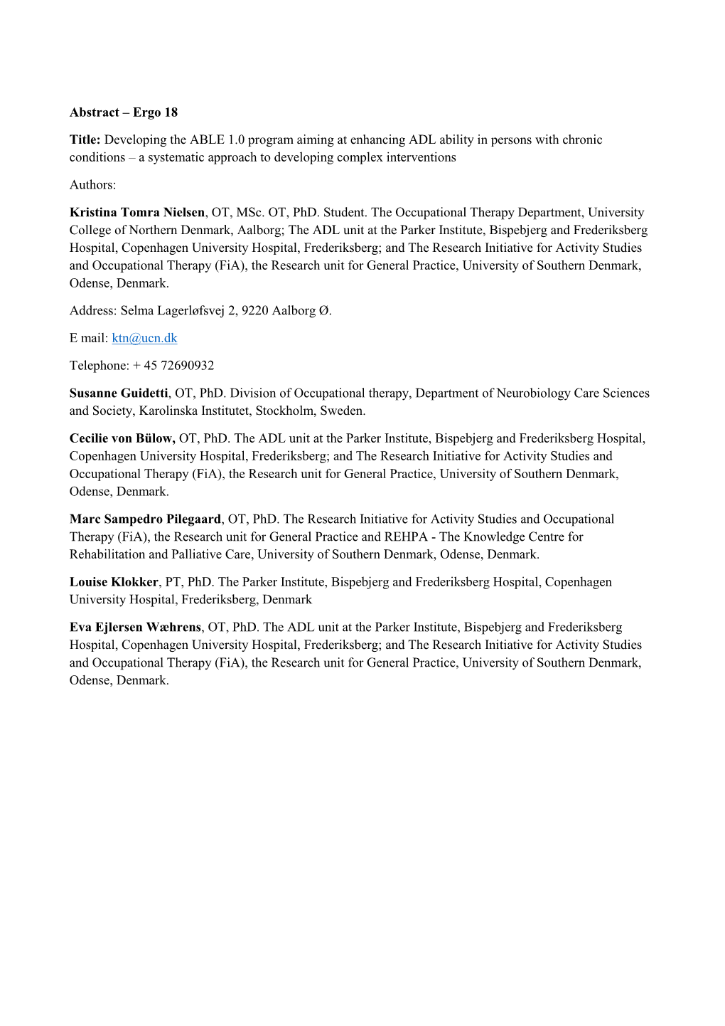 Developing the ABLE 1.0 Program Aiming at Enhancing ADL Ability in Persons with Chronic Conditions – a Systematic Approach to Developing Complex Interventions