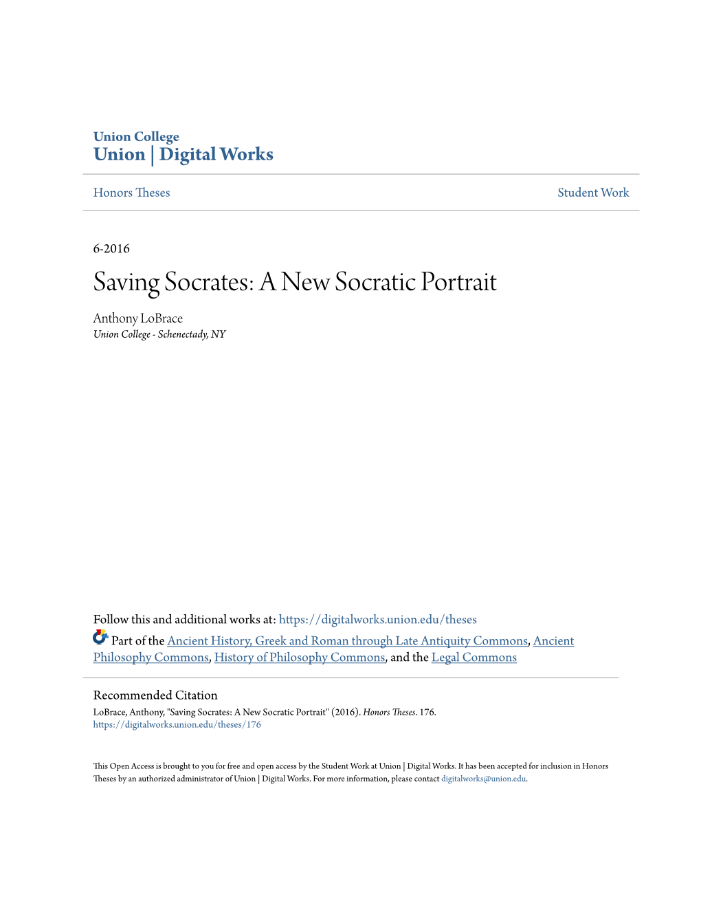 Saving Socrates: a New Socratic Portrait Anthony Lobrace Union College - Schenectady, NY