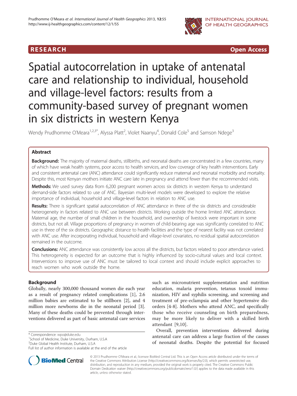Spatial Autocorrelation in Uptake of Antenatal Care and Relationship
