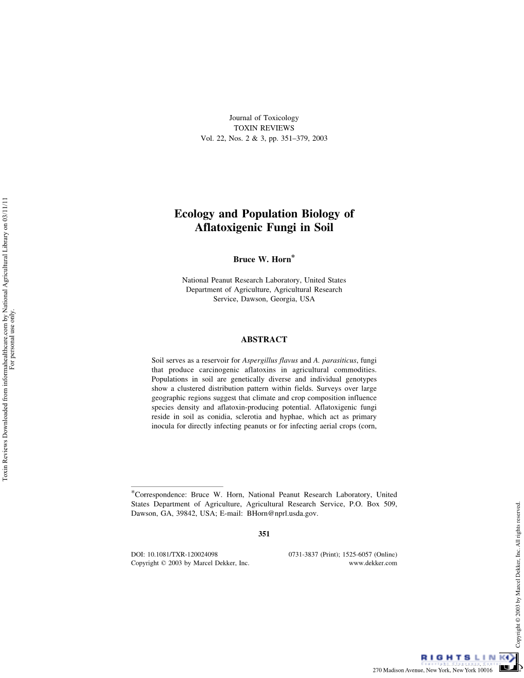 Ecology and Population Biology of Aflatoxigenic Fungi in Soil