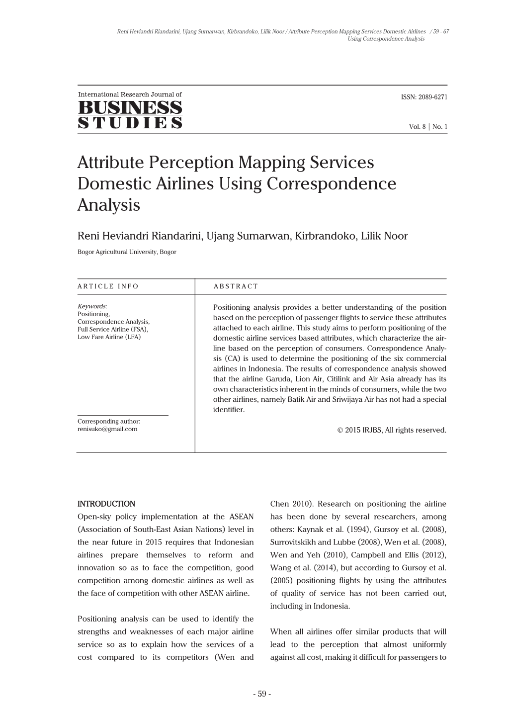 Attribute Perception Mapping Services Domestic Airlines Using Correspondence Analysis