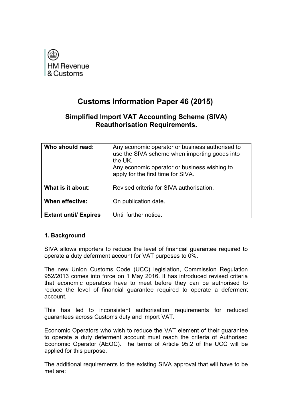 Simplified Import VAT Accounting Scheme (SIVA) Reauthorisation Requirements