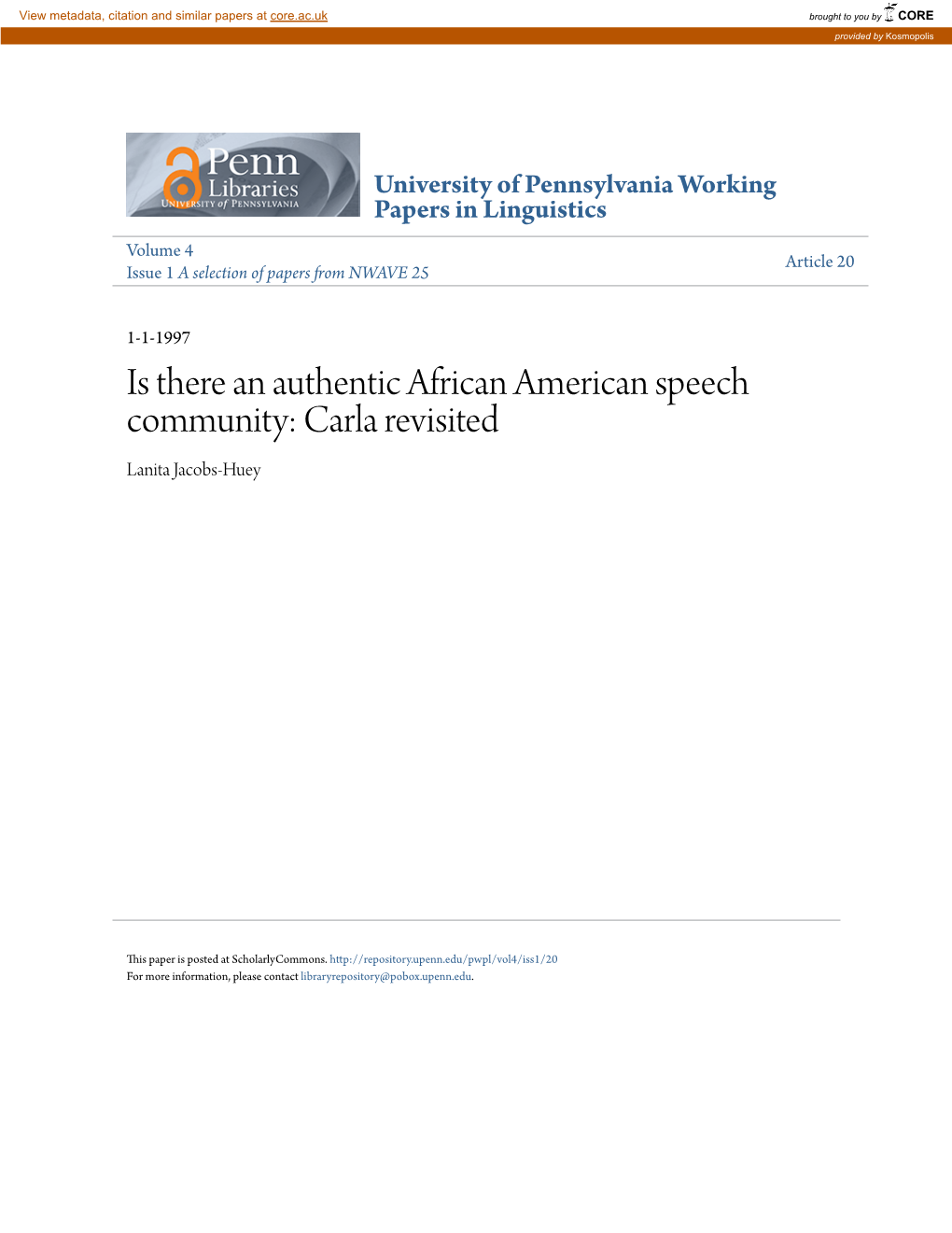 Is There an Authentic African American Speech Community: Carla Revisited Lanita Jacobs-Huey