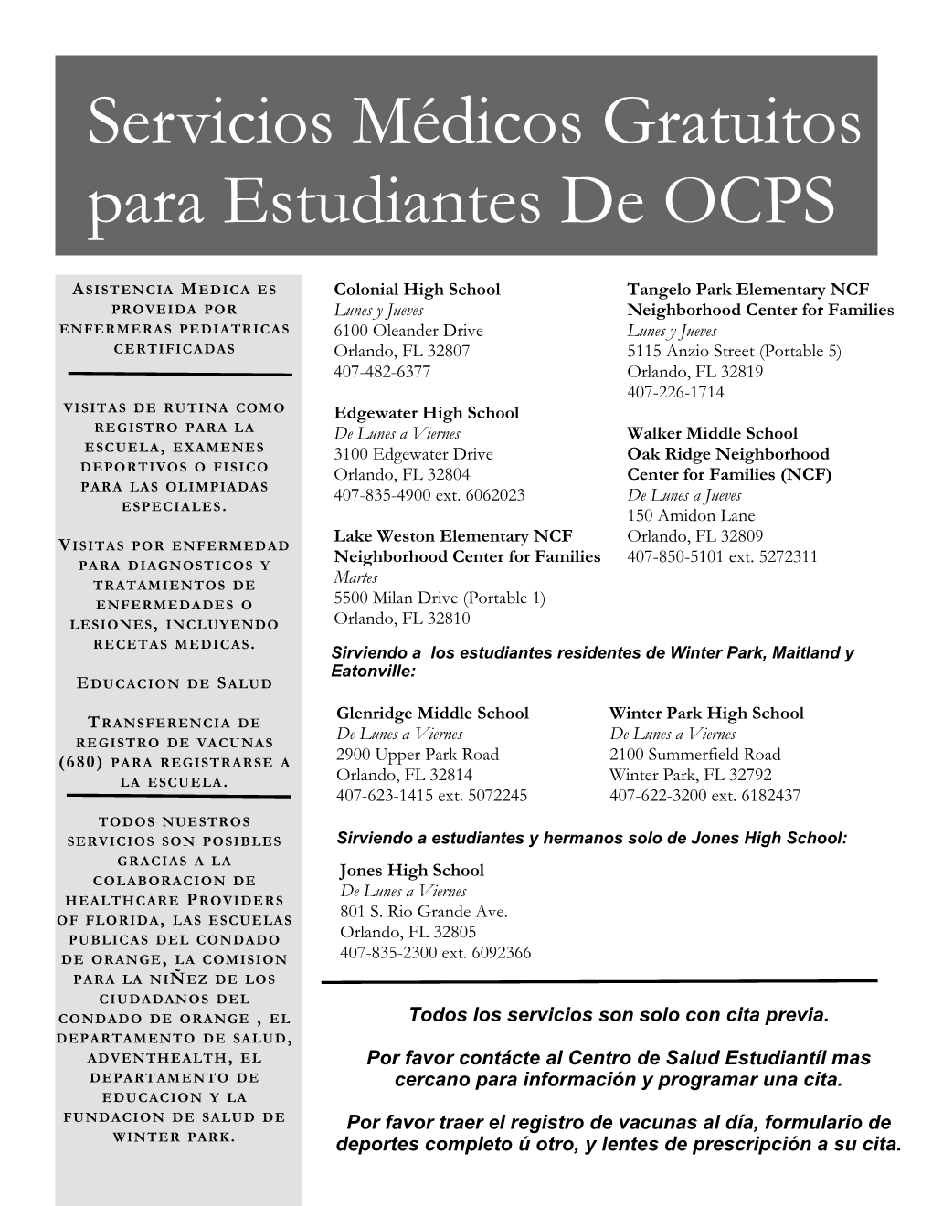 Servicios Médicos Gratuitos Para Estudiantes De OCPS